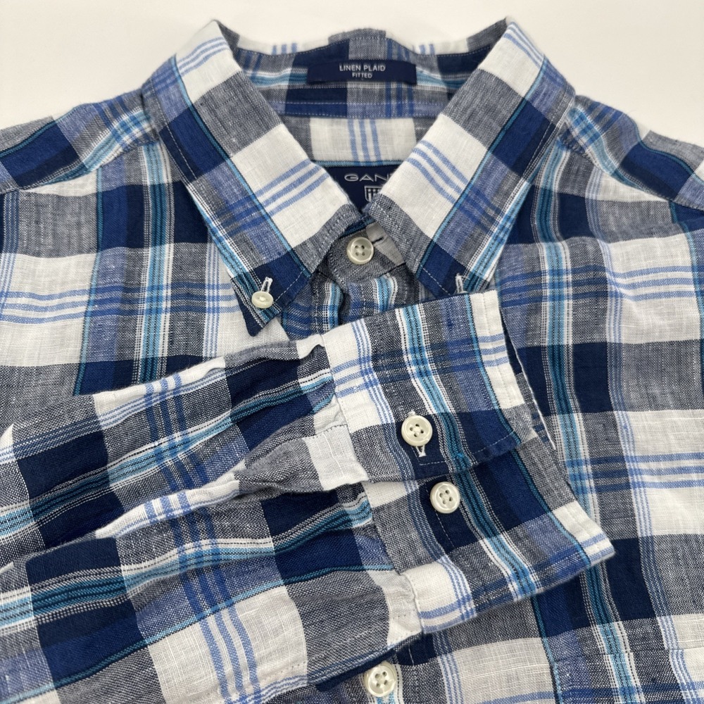 GANT Button Down Size Large Mens Linen Plaid Madras Shirt Blue & White Fitted